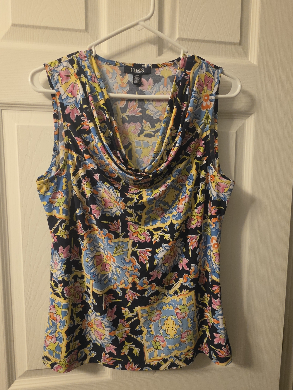 Chaps Floral Cowl Neck Sleeveless Top - Navy Multi